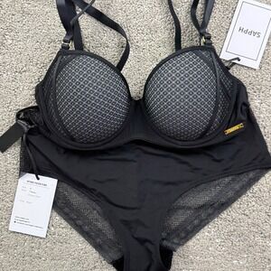 SAPPH Women's Lingerie Set 34B Bra M Panty Black Mesh Padded Strappy NWT